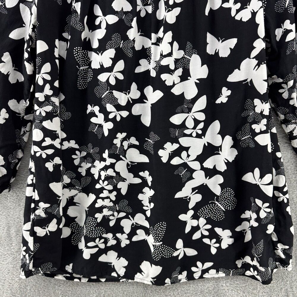 Talbots Top Womens L Black Butterfly Smocked Scoop Neck 3/4 Sleeves Elastic Cuff - Picture 10 of 15